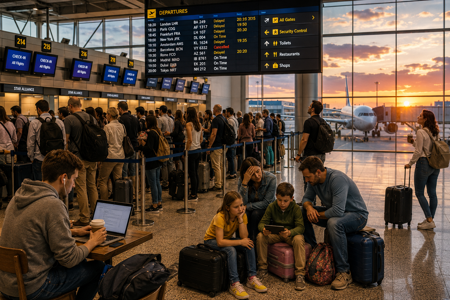 Rušné medzinárodné letisko počas letnej sezóny – cestujúci v dlhých radoch pri check-in, rodina na kufroch, lietadlá za veľkými oknami pri západe slnka.